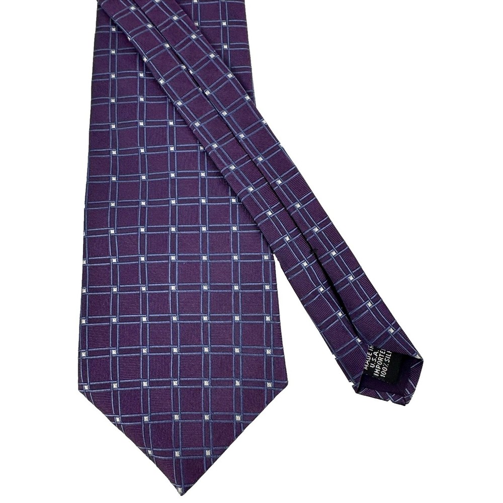 Geoffrey Beene Purple w/Blue  Squares 100% Imported Silk Men’s Tie Made In USA